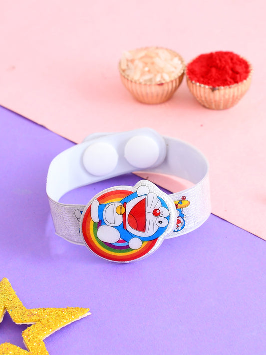 Silver Wrist Band Doremon Motif Kids Rakhi
