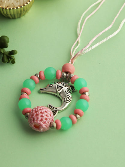 Whale Designed Green & Pink Bead Work Rakhi