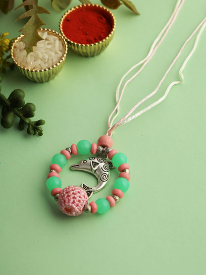 Whale Designed Green & Pink Bead Work Rakhi