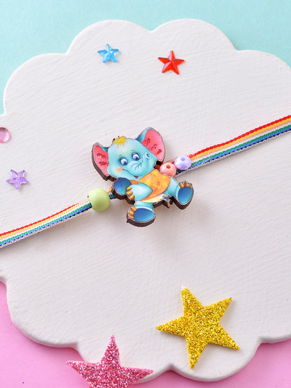 Playful Elephant Kids Rakhi with Rainbow Thread