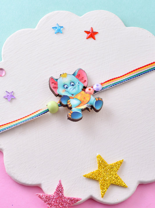 Playful Elephant Kids Rakhi with Rainbow Thread