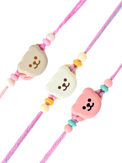 Cute Bear Face Rakhi Set of 3 for Kids in Pastel Colors