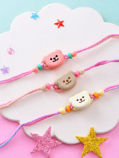 Cute Bear Face Rakhi Set of 3 for Kids in Pastel Colors
