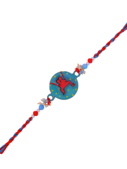 Blue-Red Rakhi with Dancing Kid Cartoon Centerpiece