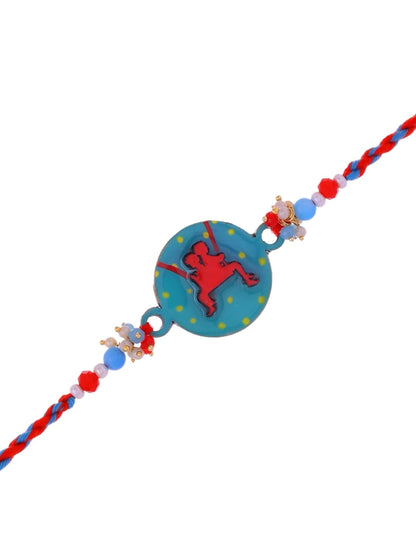 Blue-Red Rakhi with Dancing Kid Cartoon Centerpiece