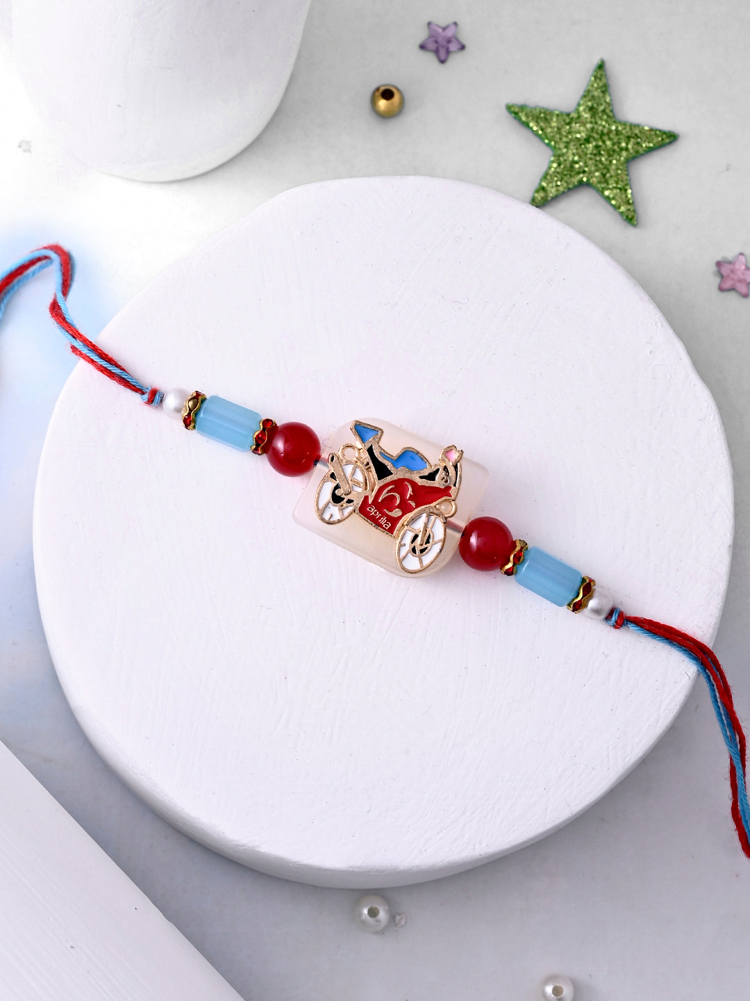 Red and Blue Bike Rakhi for Kids with Beaded Strap