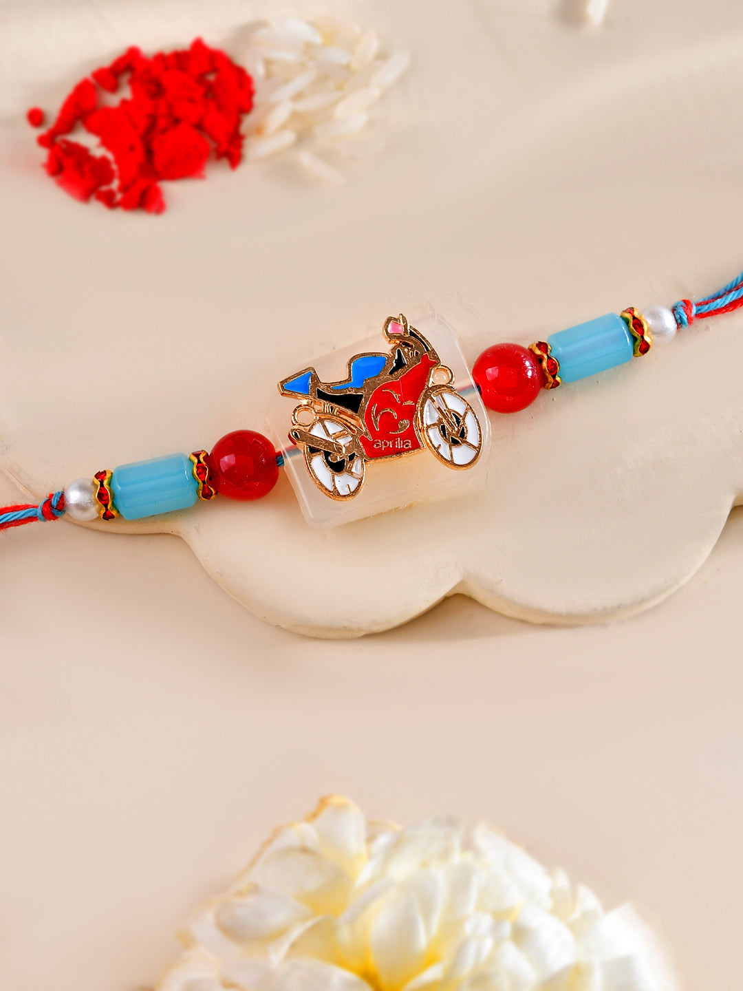 Red and Blue Bike Rakhi for Kids with Beaded Strap