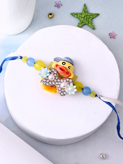 Winking Duck Kids Rakhi with Blue Cap and Crystal Bow Tie