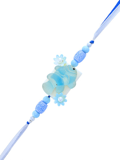 Aqua Fish Kids Rakhi with Blue Beads and Pearl Flowers