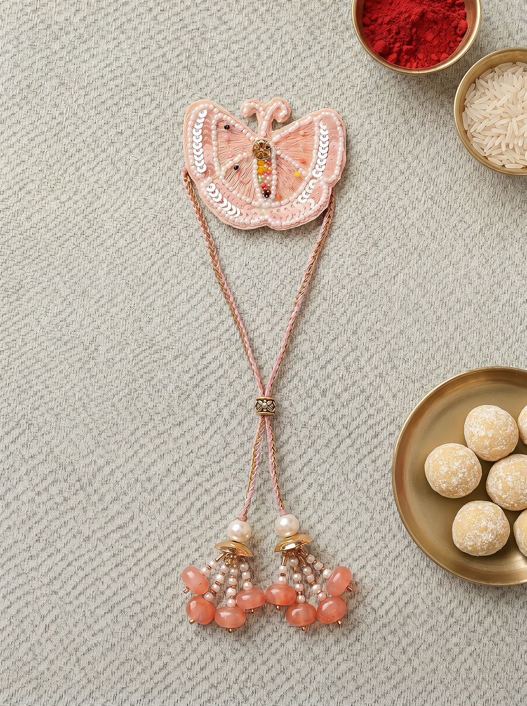 Women Peach Beaded Butterfly Design Adjustable Bracelet