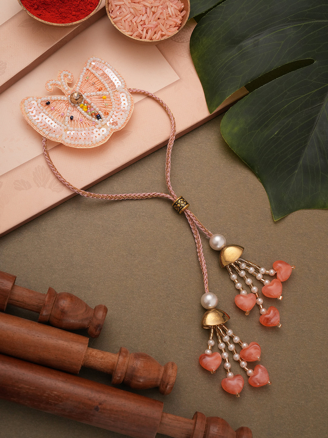 Women Peach Beaded Butterfly Design Adjustable Bracelet