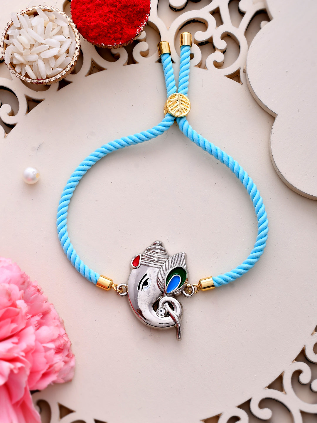 Silver Ganesha Blue Threaded Bracelet Rakhi