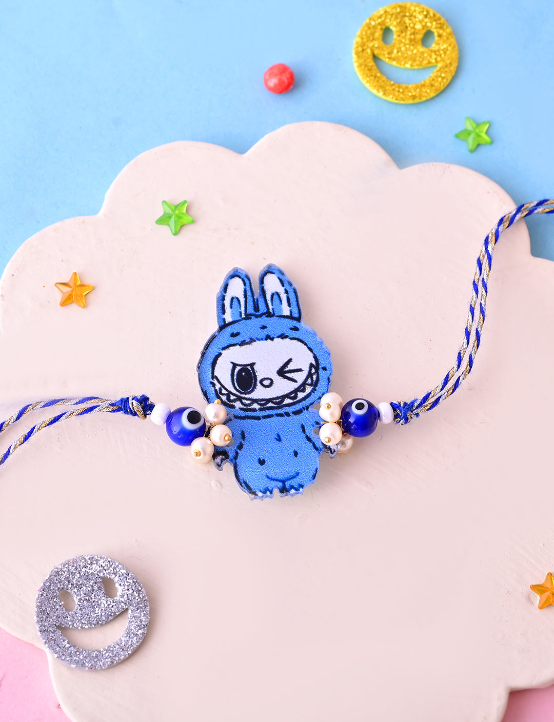 Blue Winking Labubu Bracelet with Evil Eye Beads