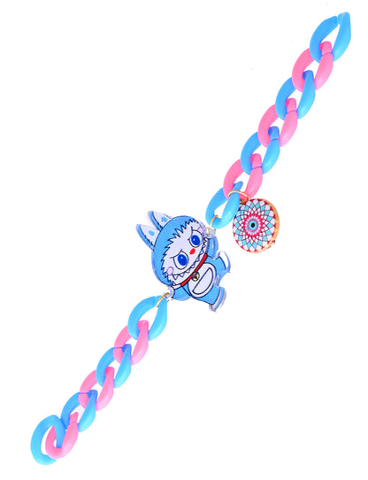 Blue & Pink Labubu Bracelet with Evil Eye Charm