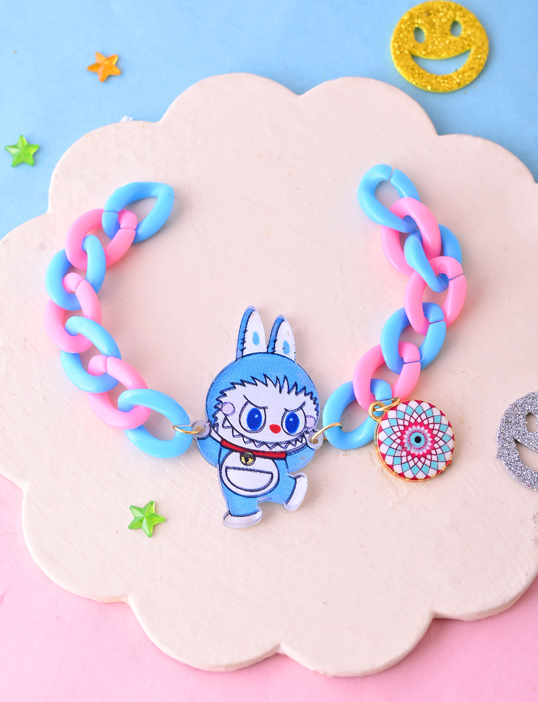 Blue & Pink Labubu Bracelet with Evil Eye Charm