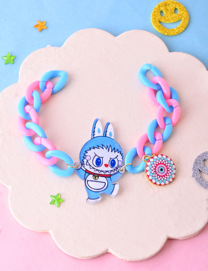 Blue & Pink Labubu Bracelet with Evil Eye Charm