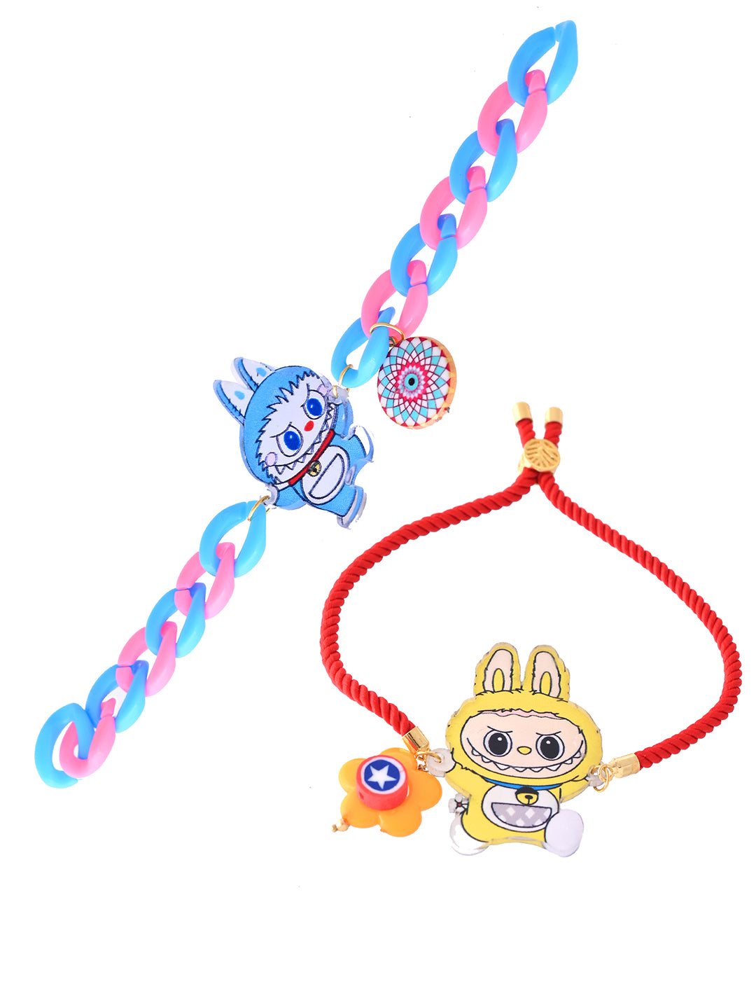 Set of 2 Quirky Labubu Bracelets – Red Rope & Pastel Chain