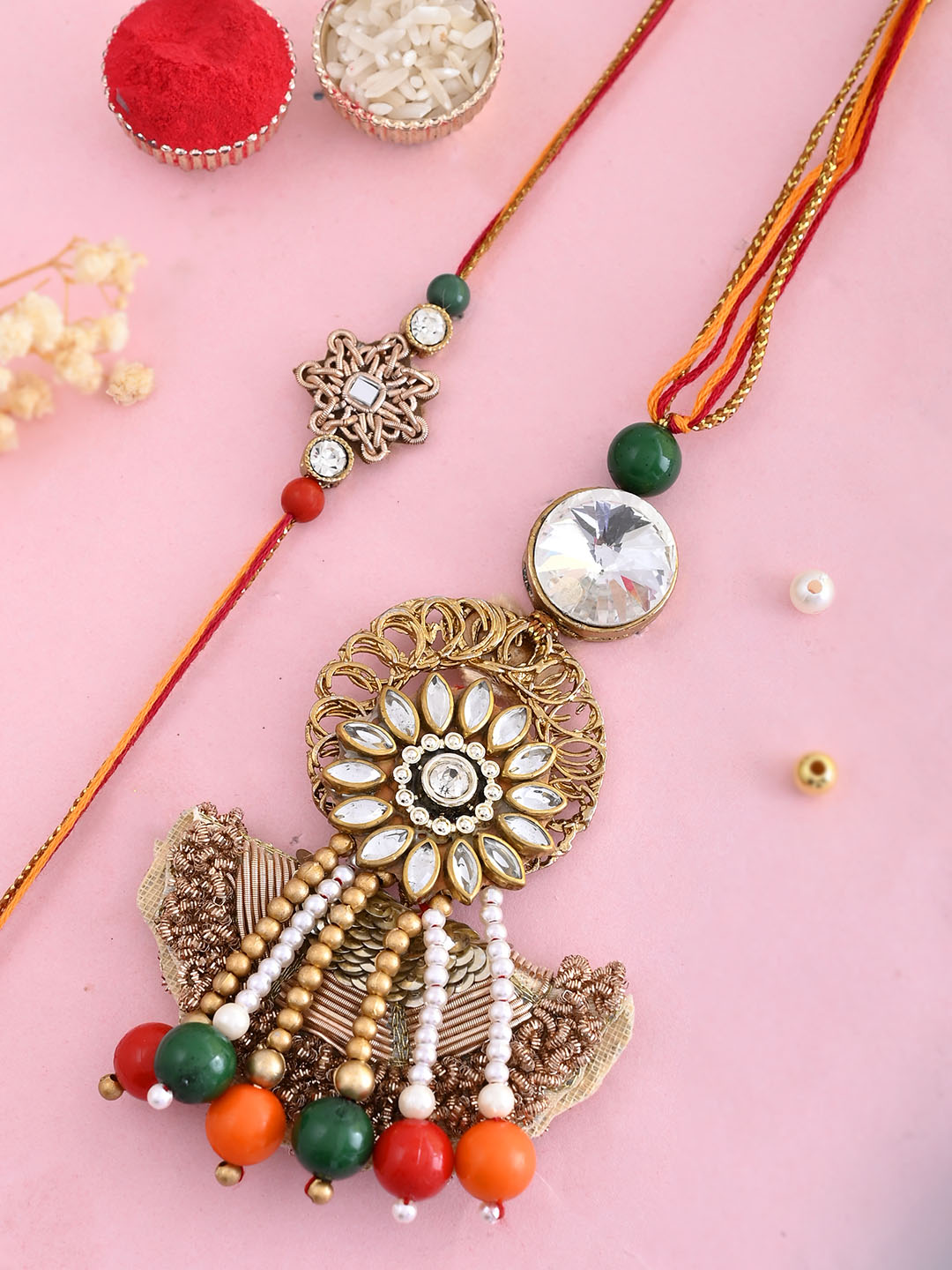 Handcrafted Traditional Golden Zardosi Bhaiya Bhabhi Rakhi Set