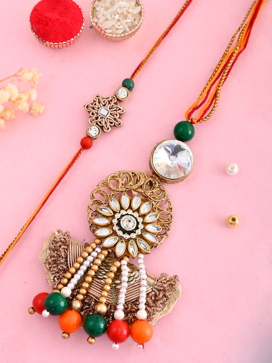 Handcrafted Traditional Golden Zardosi Bhaiya Bhabhi Rakhi Set