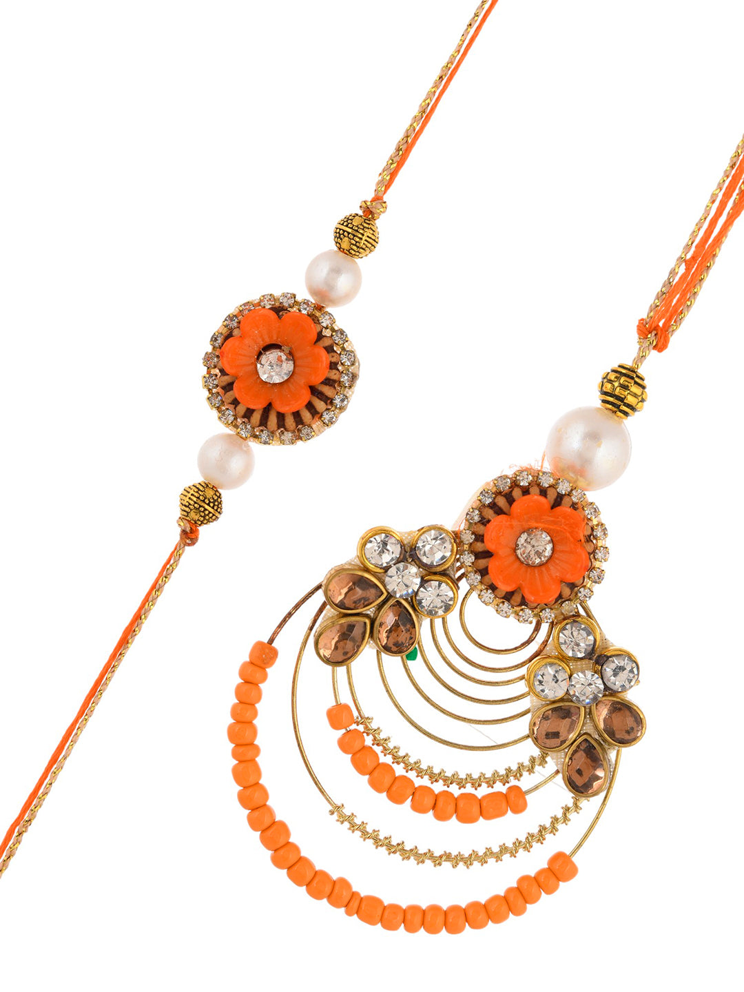 Golden and Orange Handcrafted Beaded Bhaiya Bhabhi Rakhi Set