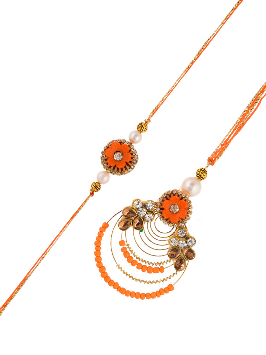 Golden and Orange Handcrafted Beaded Bhaiya Bhabhi Rakhi Set