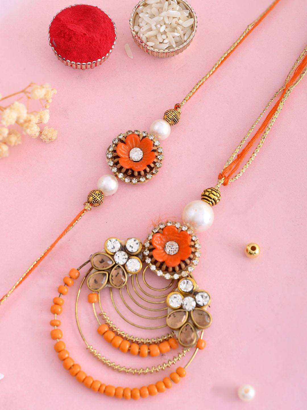 Golden and Orange Handcrafted Beaded Bhaiya Bhabhi Rakhi Set