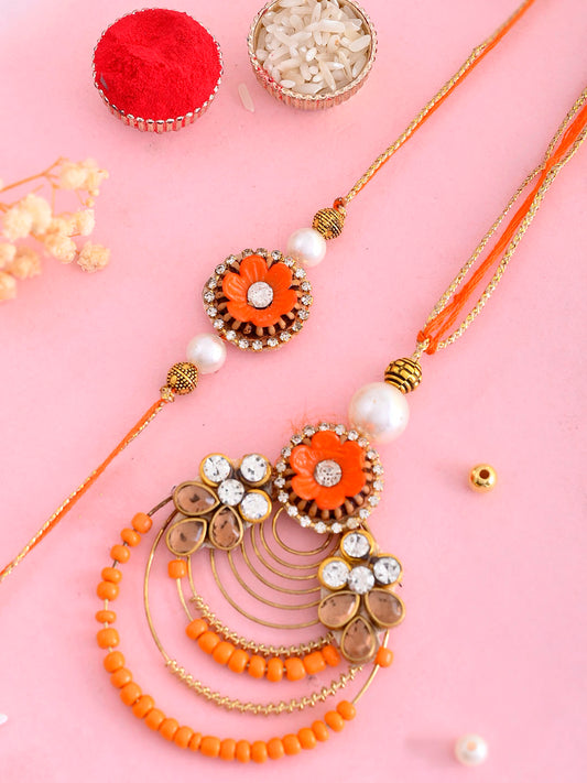 Golden and Orange Handcrafted Beaded Bhaiya Bhabhi Rakhi Set