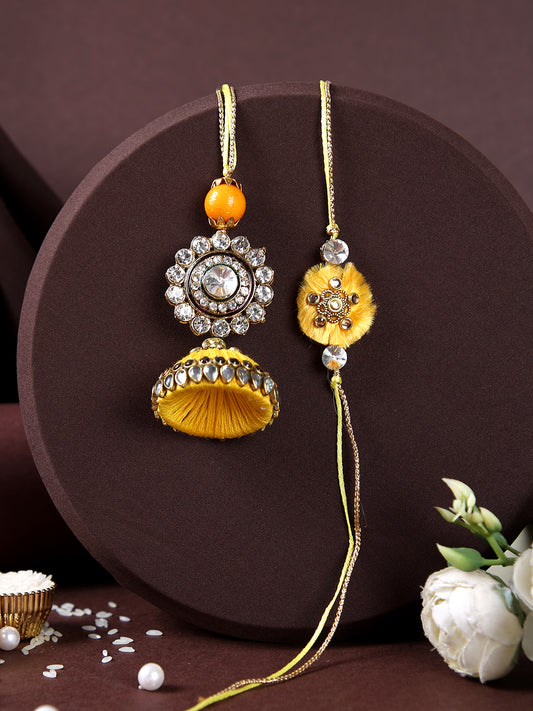 Auspicious Golden Flower with Yellow Dome Shaped Lumba Bhaiya Bhabhi Rakhi Set