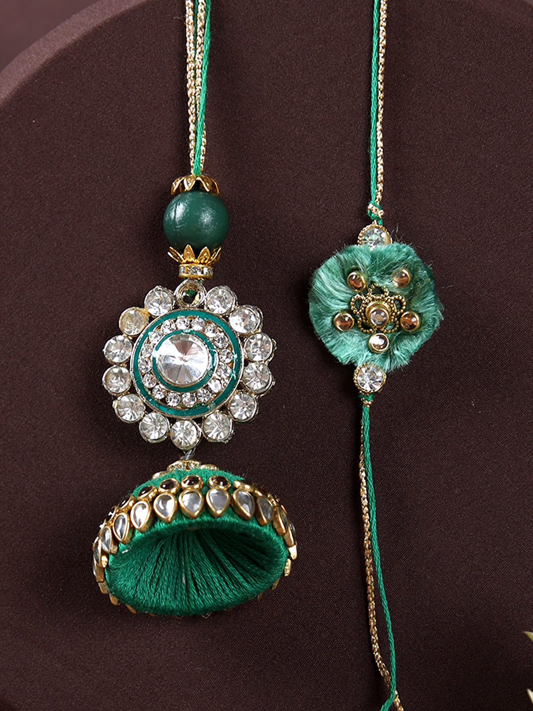 Auspicious Golden Flower with Green Dome Shaped Lumba Bhaiya Bhabhi Rakhi Set