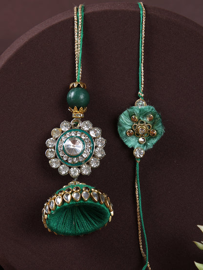 Auspicious Golden Flower with Green Dome Shaped Lumba Bhaiya Bhabhi Rakhi Set