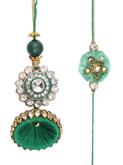 Auspicious Golden Flower with Green Dome Shaped Lumba Bhaiya Bhabhi Rakhi Set