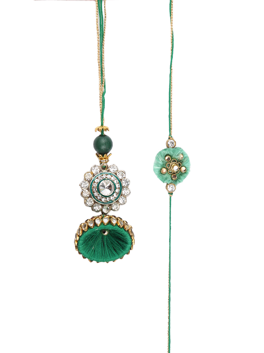 Auspicious Golden Flower with Green Dome Shaped Lumba Bhaiya Bhabhi Rakhi Set