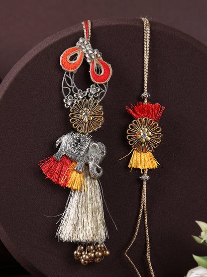 Golden Thread Work Bhaiya Bhabhi Rakhi Set with Stone Studded