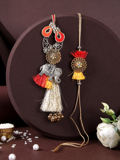 Golden Thread Work Bhaiya Bhabhi Rakhi Set with Stone Studded