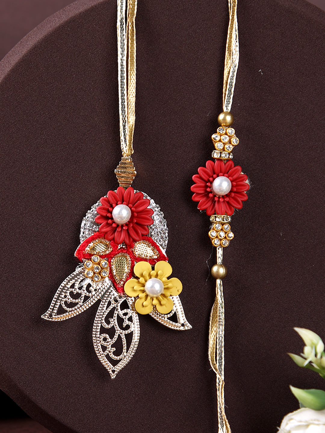 Red & Yellow Flowers Design AD Studded Bhaiya Bhabhi Rakhi Set