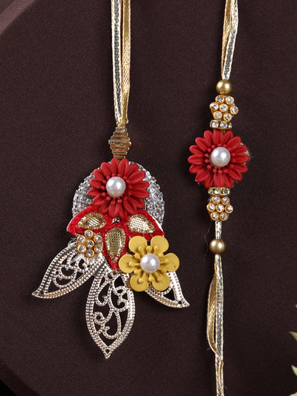 Red & Yellow Flowers Design AD Studded Bhaiya Bhabhi Rakhi Set