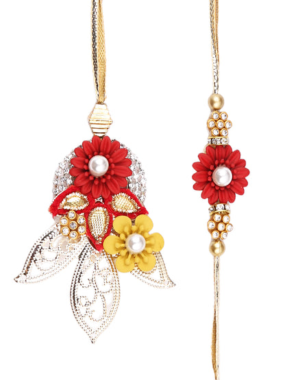 Red & Yellow Flowers Design AD Studded Bhaiya Bhabhi Rakhi Set