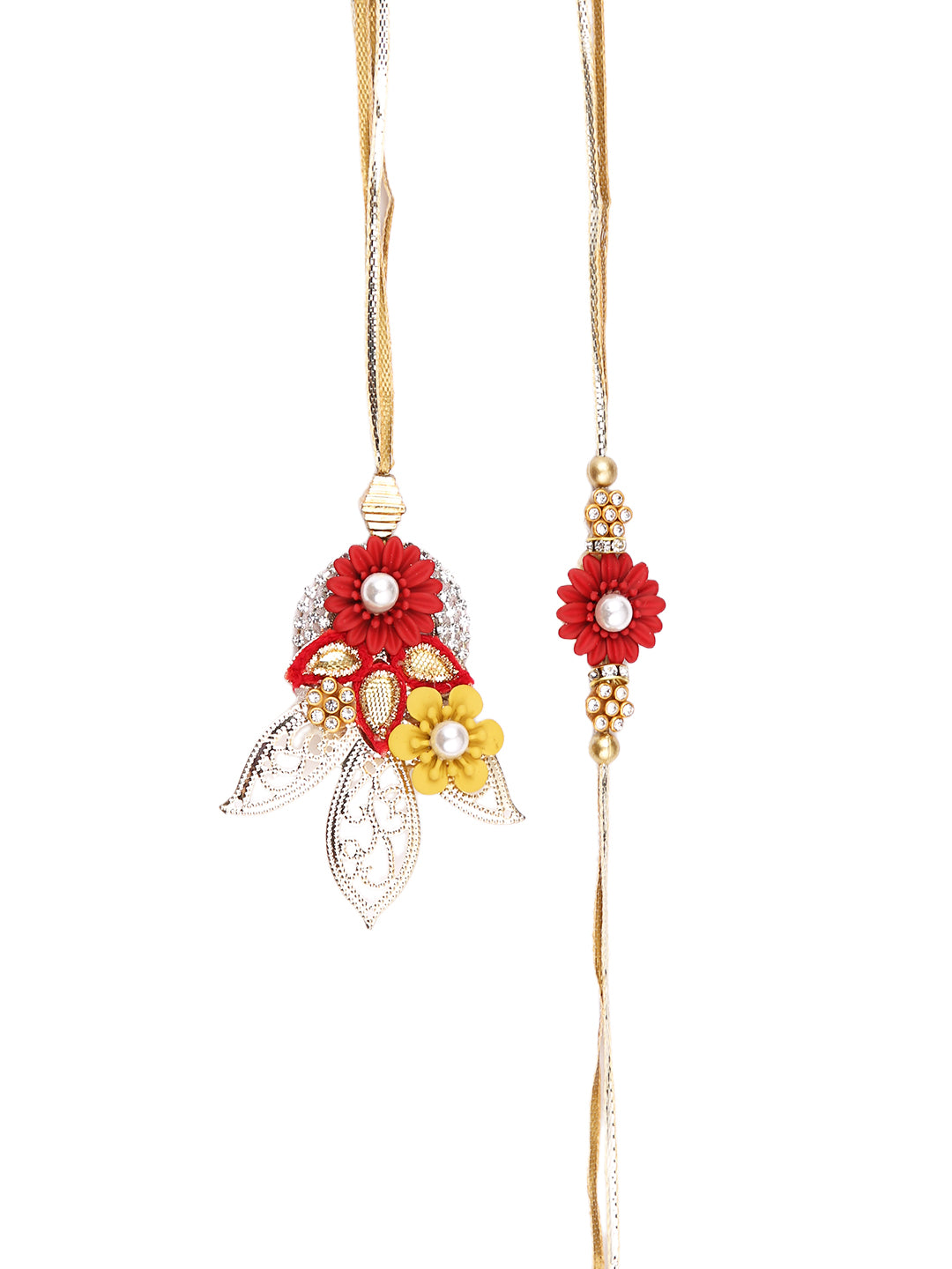 Red & Yellow Flowers Design AD Studded Bhaiya Bhabhi Rakhi Set