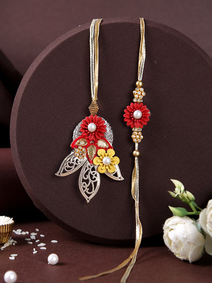 Red & Yellow Flowers Design AD Studded Bhaiya Bhabhi Rakhi Set