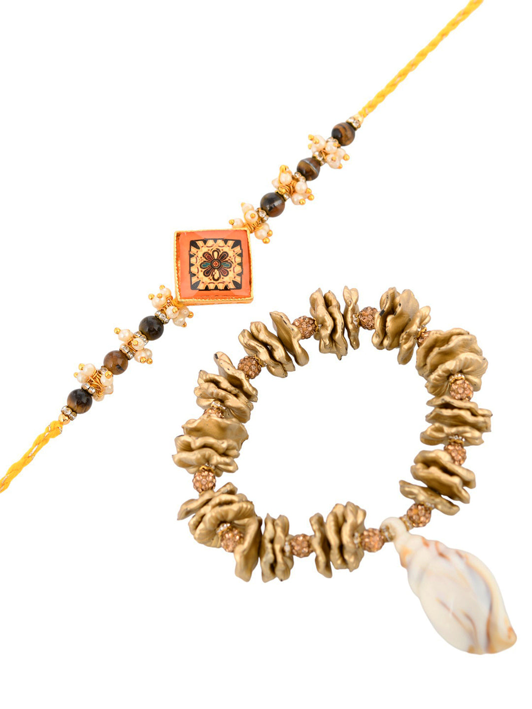 Traditional Shell and Uncut Stones Paired Bhaiya Bhabhi Rakhi