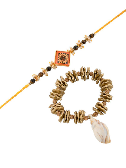 Traditional Shell and Uncut Stones Paired Bhaiya Bhabhi Rakhi