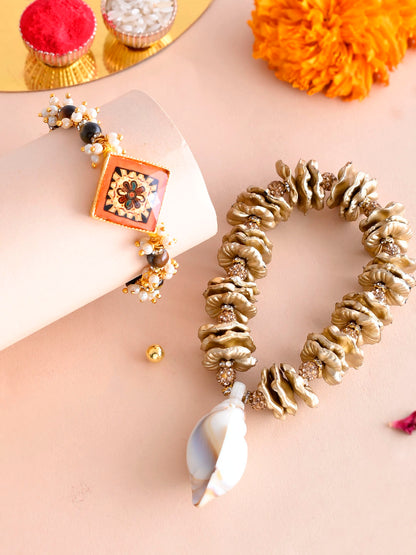 Traditional Shell and Uncut Stones Paired Bhaiya Bhabhi Rakhi