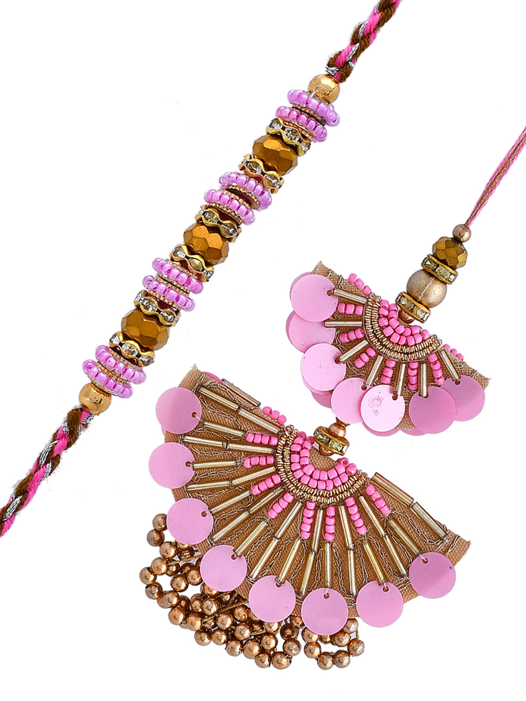 Rose Pink Sequin & Pearl Embellished Dazzling Bhaiya Bhabhi Rakhi with Ghungroo.