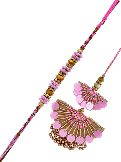 Rose Pink Sequin & Pearl Embellished Dazzling Bhaiya Bhabhi Rakhi with Ghungroo.