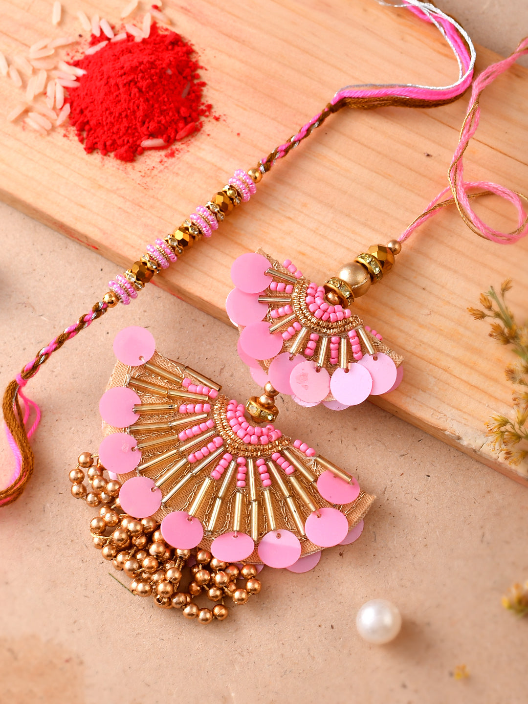 Rose Pink Sequin & Pearl Embellished Dazzling Bhaiya Bhabhi Rakhi with Ghungroo.