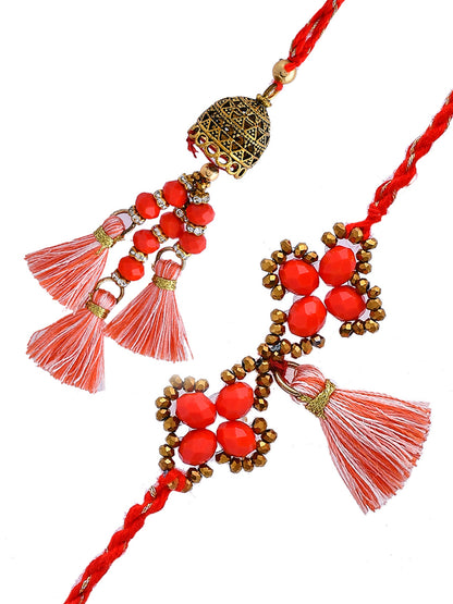 Scarlet Red Carved Metal Beaded Bhaiya Bhabhi Rakhi