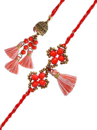 Scarlet Red Carved Metal Beaded Bhaiya Bhabhi Rakhi