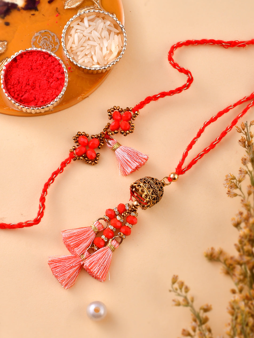 Scarlet Red Carved Metal Beaded Bhaiya Bhabhi Rakhi