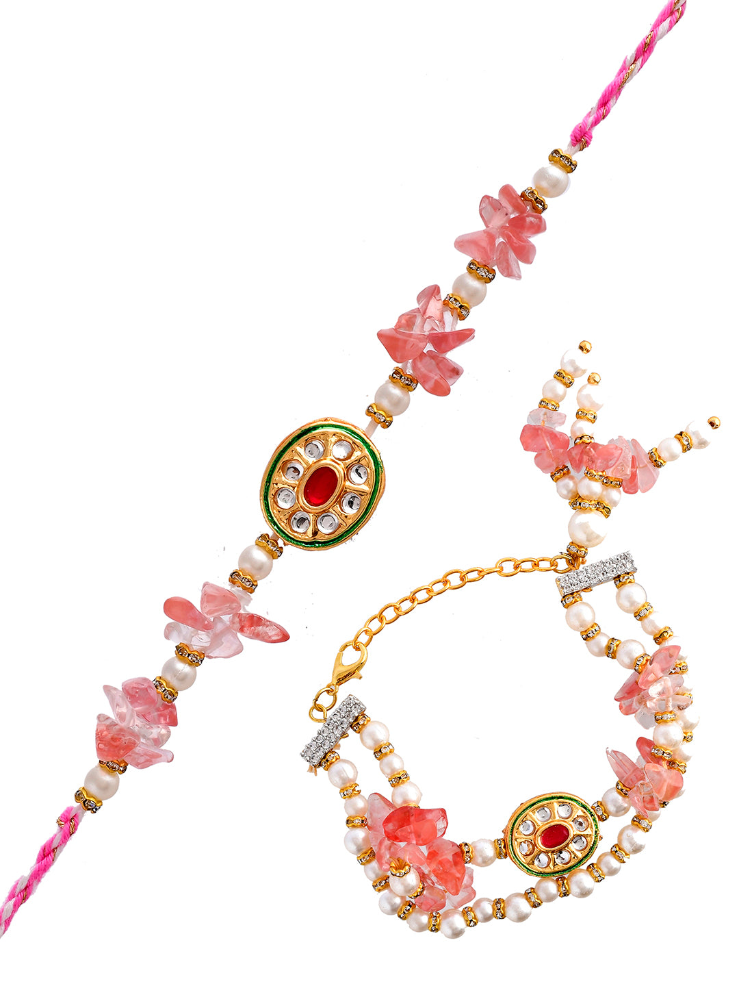Pink Stones & Pearl Embellished Dazzling Bhaiya Bhabhi Rakhi Set.