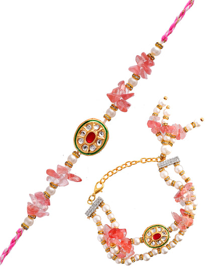 Pink Stones & Pearl Embellished Dazzling Bhaiya Bhabhi Rakhi Set.